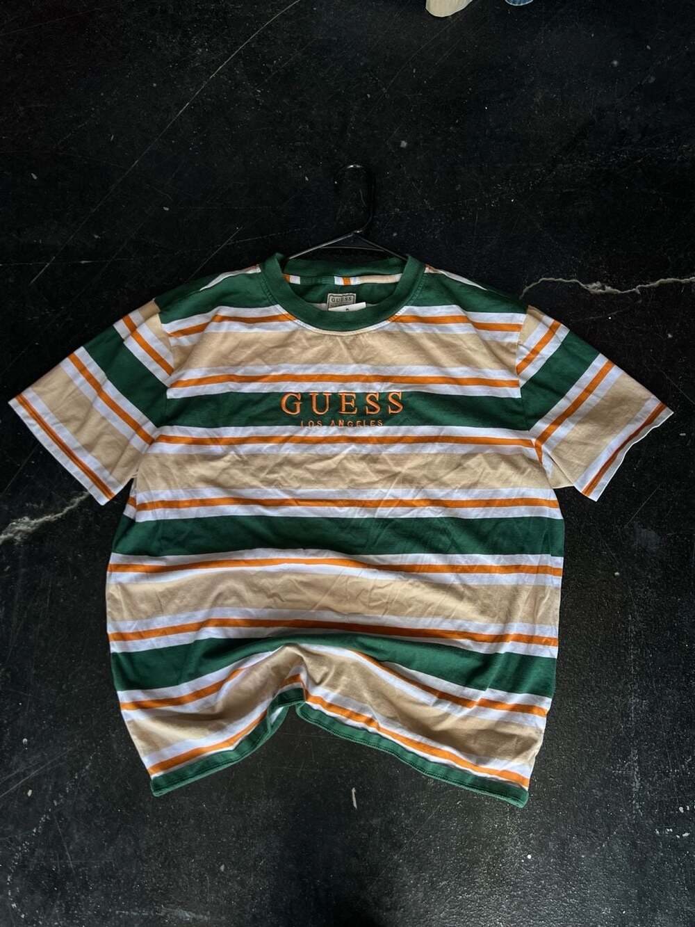 Guess Los Angeles Striped Embroidered Logo T-Shirt Green Orange Tan Size L
